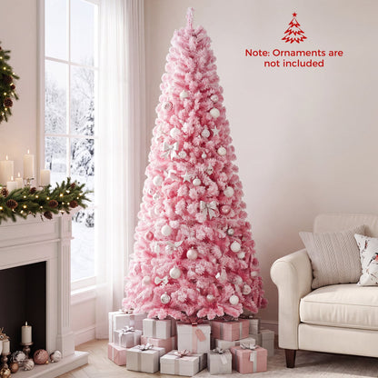7 ft Flocked Fir Christmas Tree, Warm White LED Lights, Pink