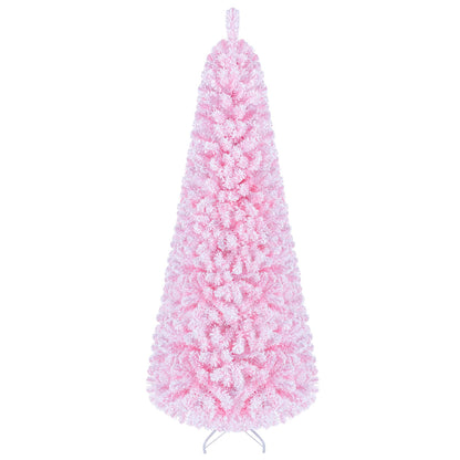 7 ft Flocked Fir Christmas Tree, Warm White LED Lights, Pink