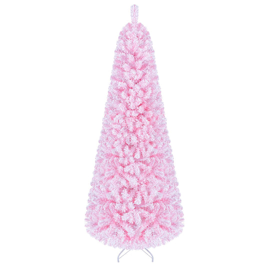 7 ft Flocked Fir Christmas Tree, Warm White LED Lights, Pink