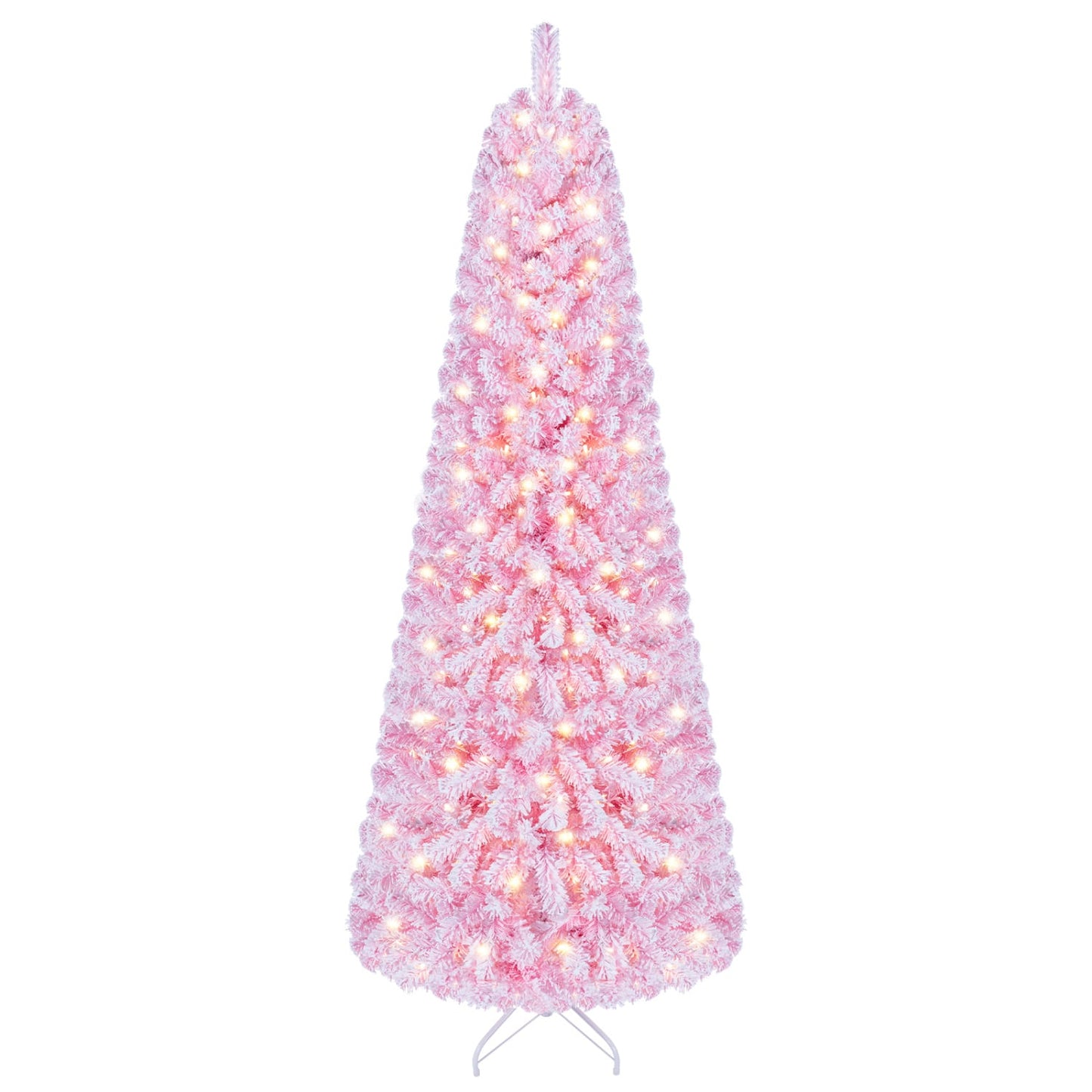 7 ft Flocked Fir Christmas Tree, Warm White LED Lights, Pink
