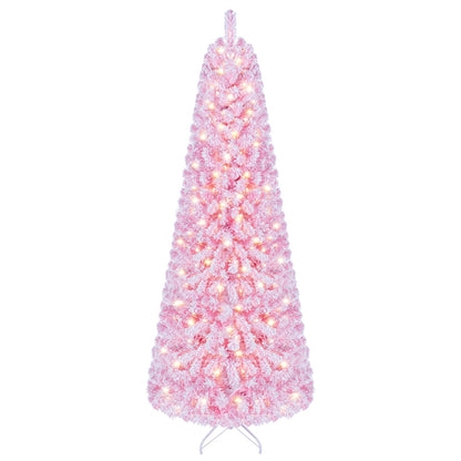 7 ft Flocked Fir Christmas Tree, Warm White LED Lights, Pink