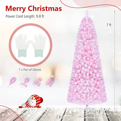 7 ft Flocked Fir Christmas Tree, Warm White LED Lights, Pink