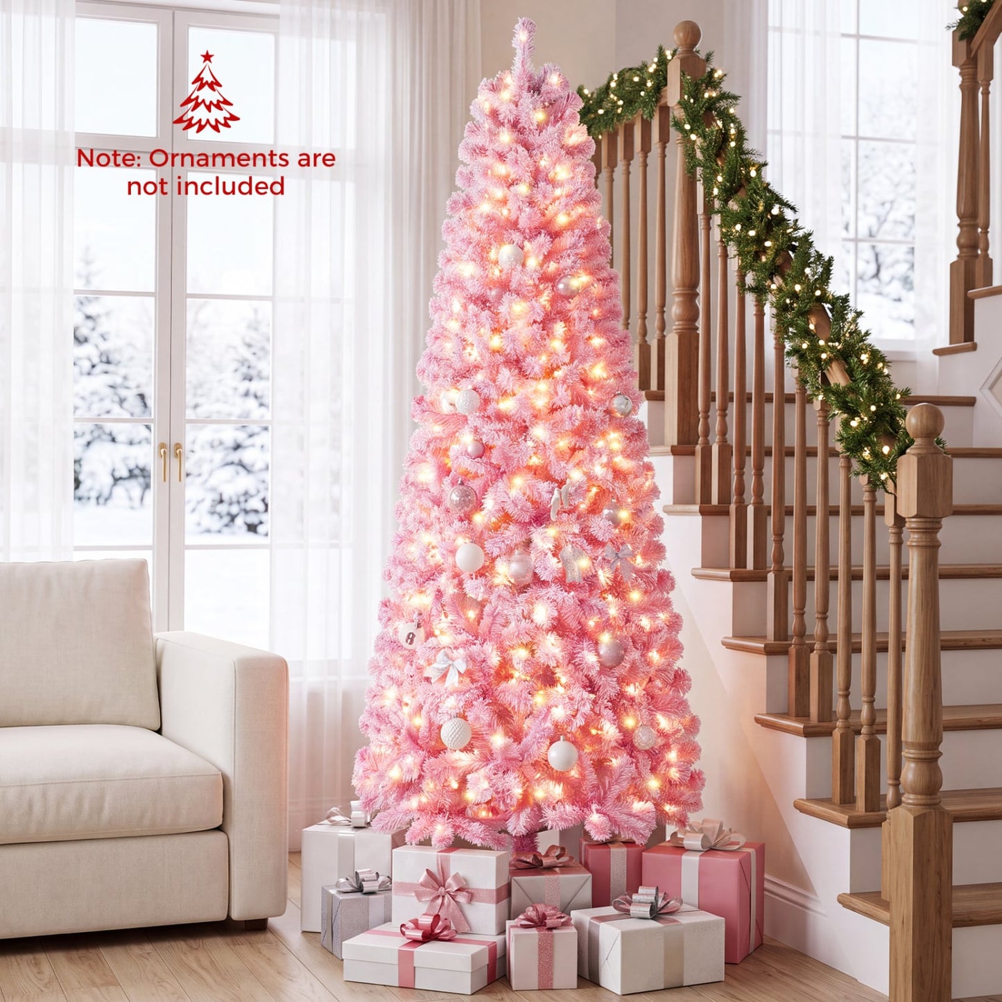 7 ft Flocked Fir Christmas Tree, Warm White LED Lights, Pink