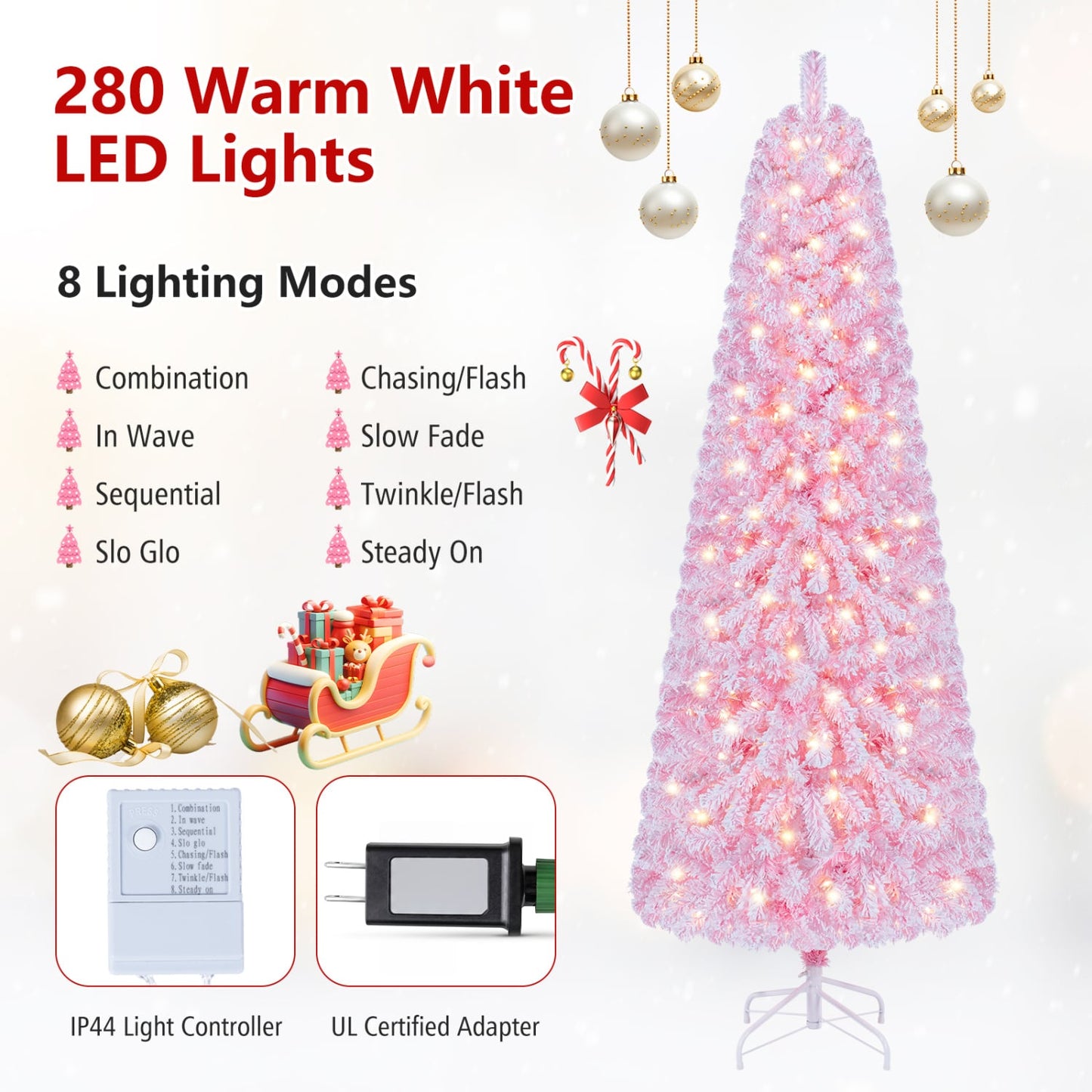 7 ft Flocked Fir Christmas Tree, Warm White LED Lights, Pink