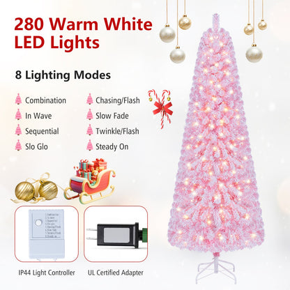 7 ft Flocked Fir Christmas Tree, Warm White LED Lights, Pink
