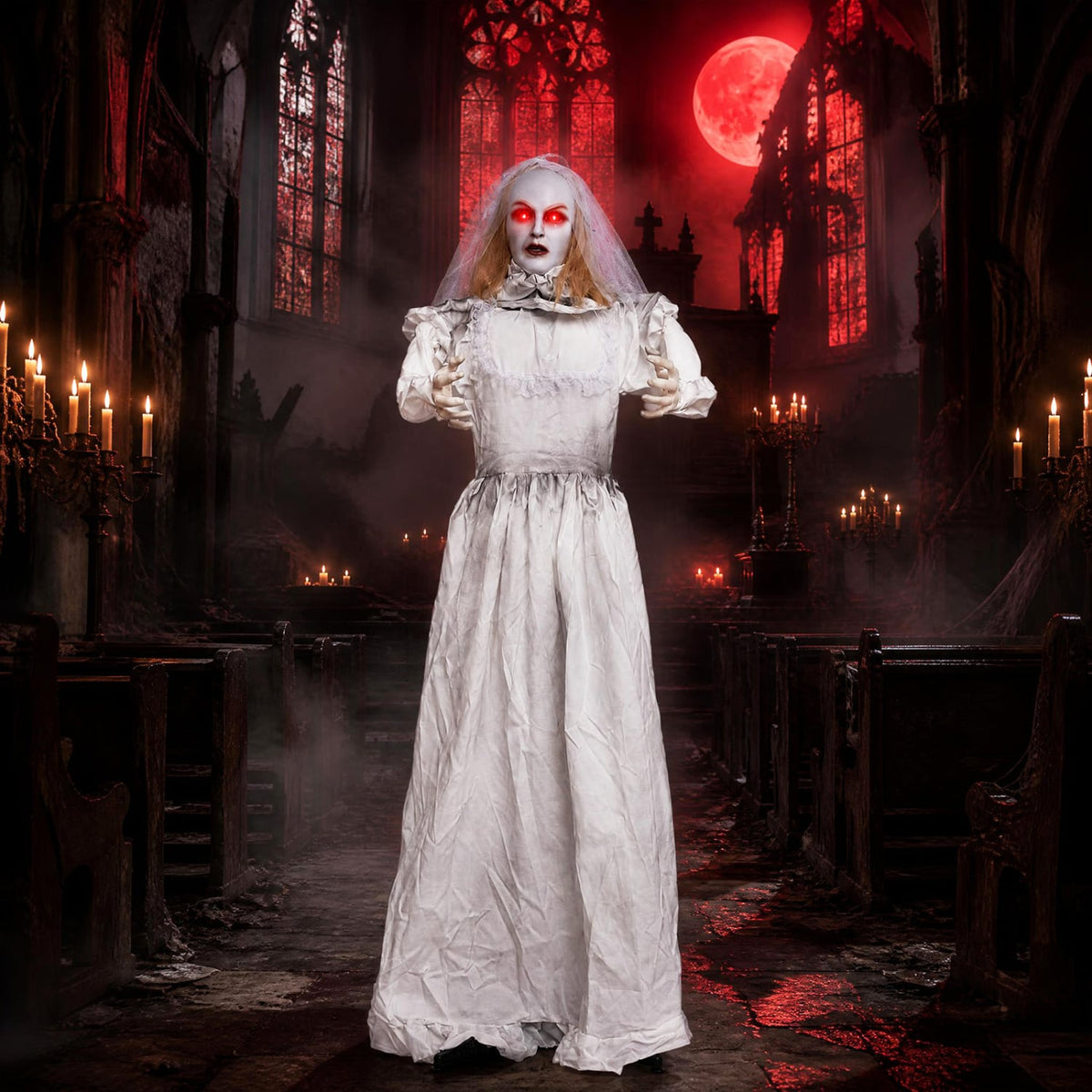 Mariée fantôme d'Halloween animée de 5,7 pieds, tête tournante