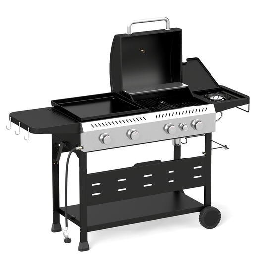 5-Burner Propane Gas Grill Griddle Combo, Side Burner, Black