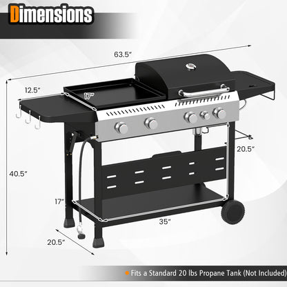 5-Burner Propane Gas Grill Griddle Combo, Side Burner, Black