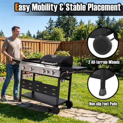 5-Burner Propane Gas Grill Griddle Combo, Side Burner, Black
