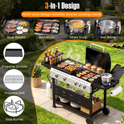 5-Burner Propane Gas Grill Griddle Combo, Side Burner, Black