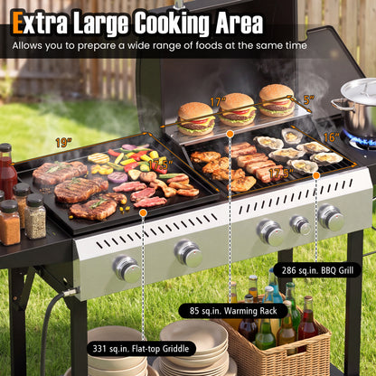 5-Burner Propane Gas Grill Griddle Combo, Side Burner, Black