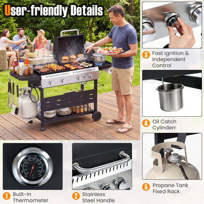 5-Burner Propane Gas Grill Griddle Combo, Side Burner, Black