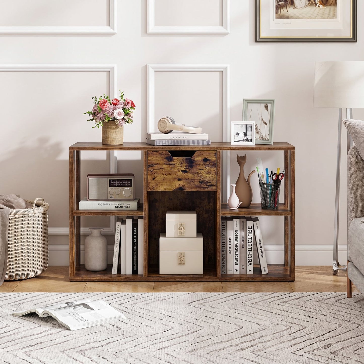 5-Cube Bookcase with Storage Drawer, Rustic Brown Bookcases at Gallery Canada