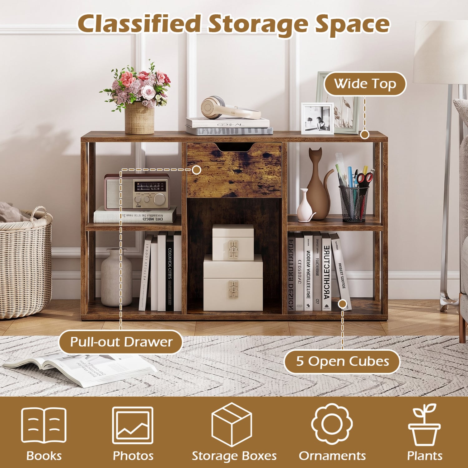 5-Cube Bookcase with Storage Drawer, Rustic Brown Bookcases at Gallery Canada