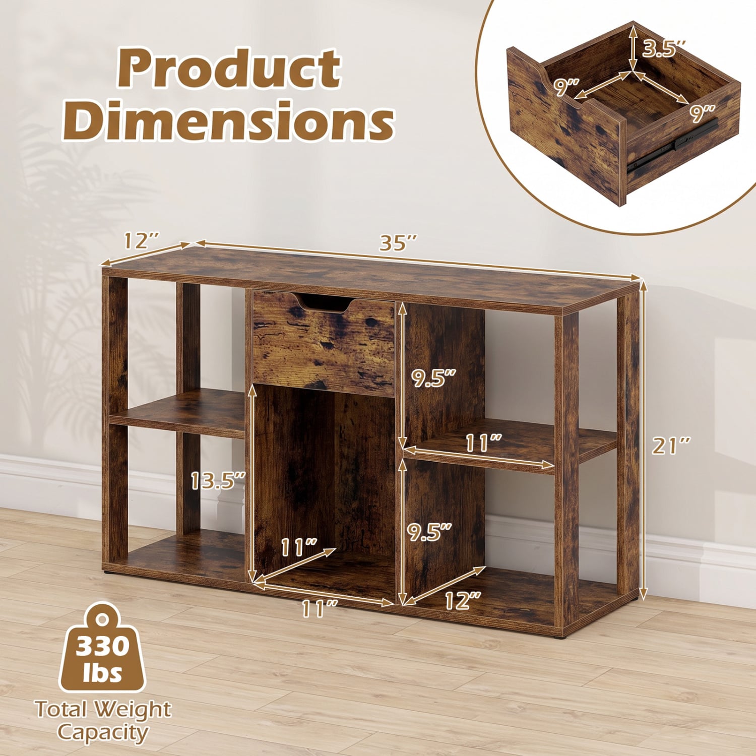5-Cube Bookcase with Storage Drawer, Rustic Brown Bookcases at Gallery Canada