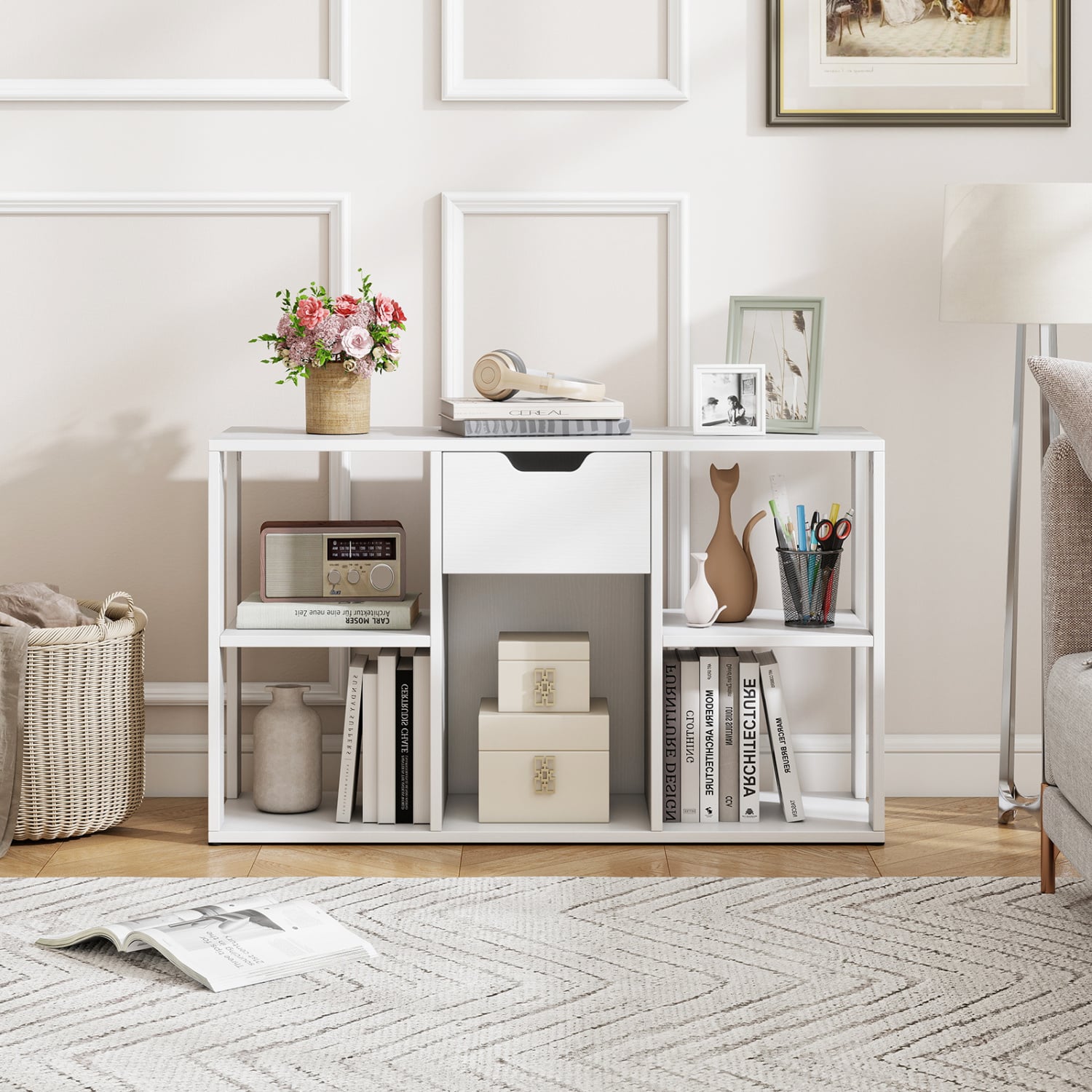 5-Cube Bookcase with Storage Drawer, White Bookcases at Gallery Canada