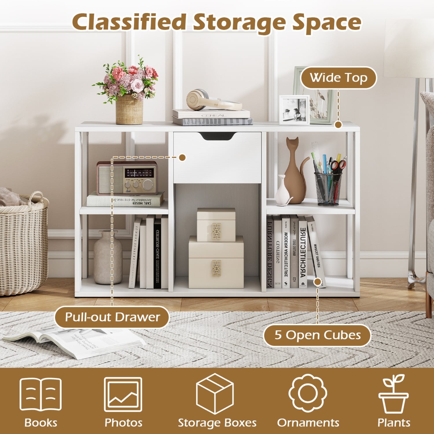 5-Cube Bookcase with Storage Drawer, White Bookcases at Gallery Canada
