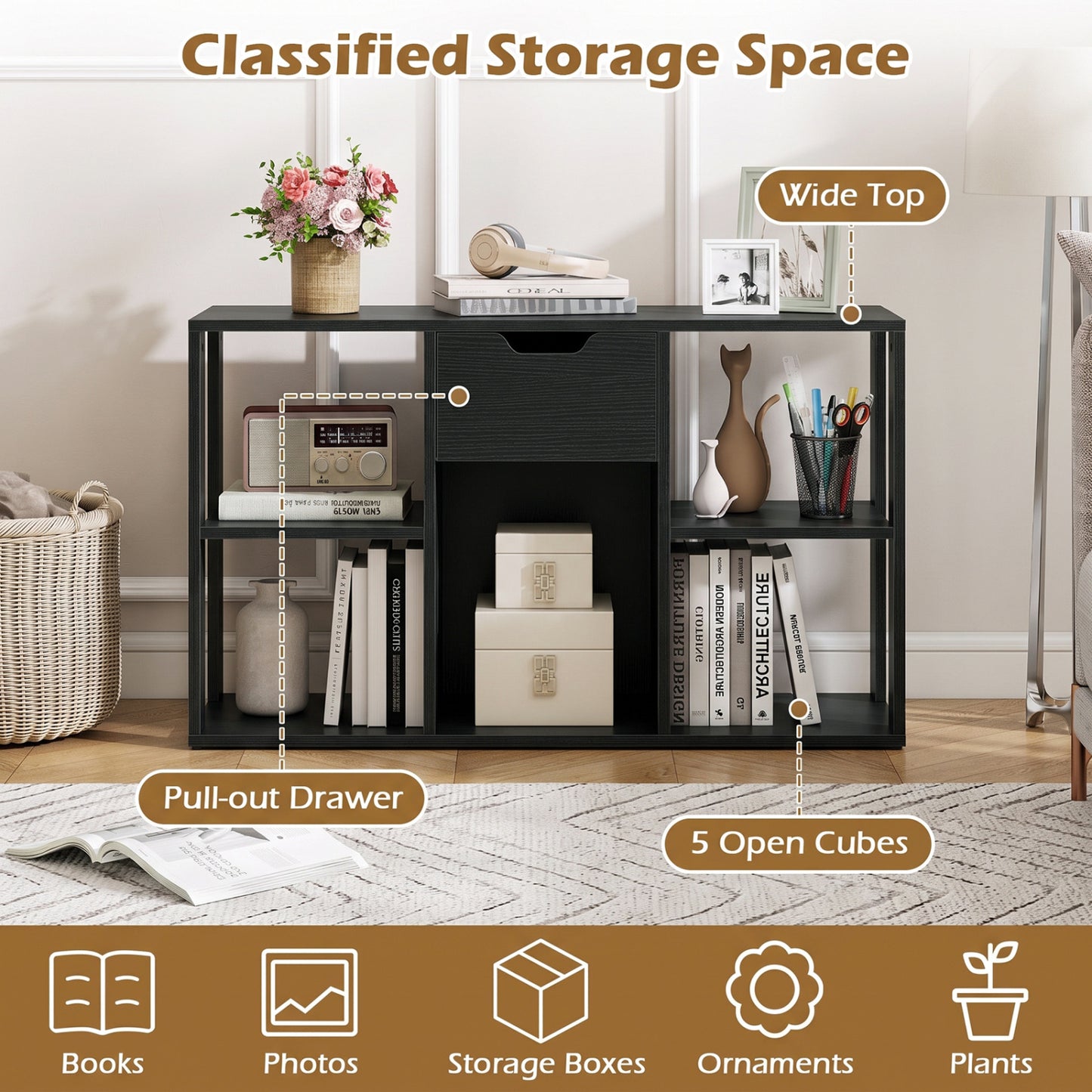 5-Cube Bookcase with Drawer, Black