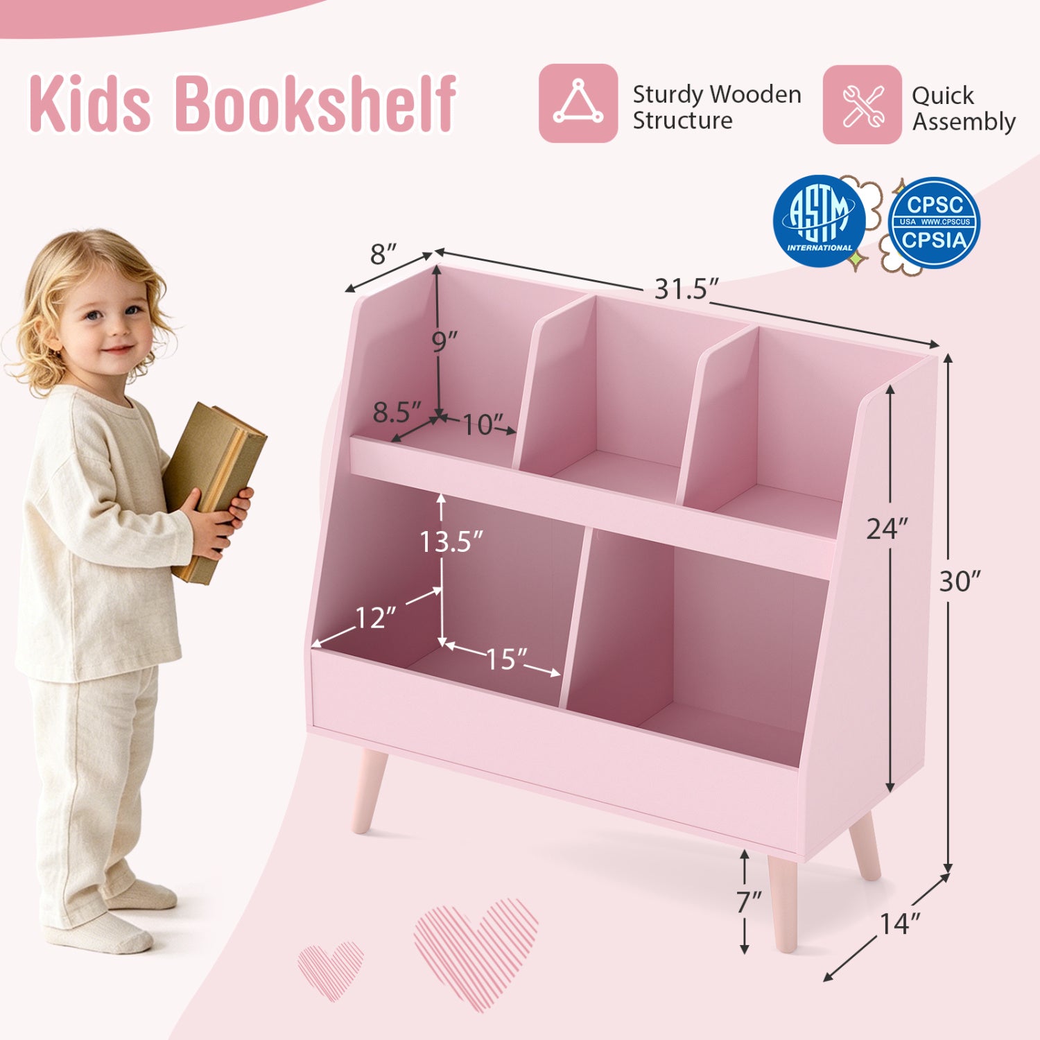 5-Cube Kids Bookshelf, Toy Organizer With Anti-Tipping, Pink Kids Storage at Gallery Canada