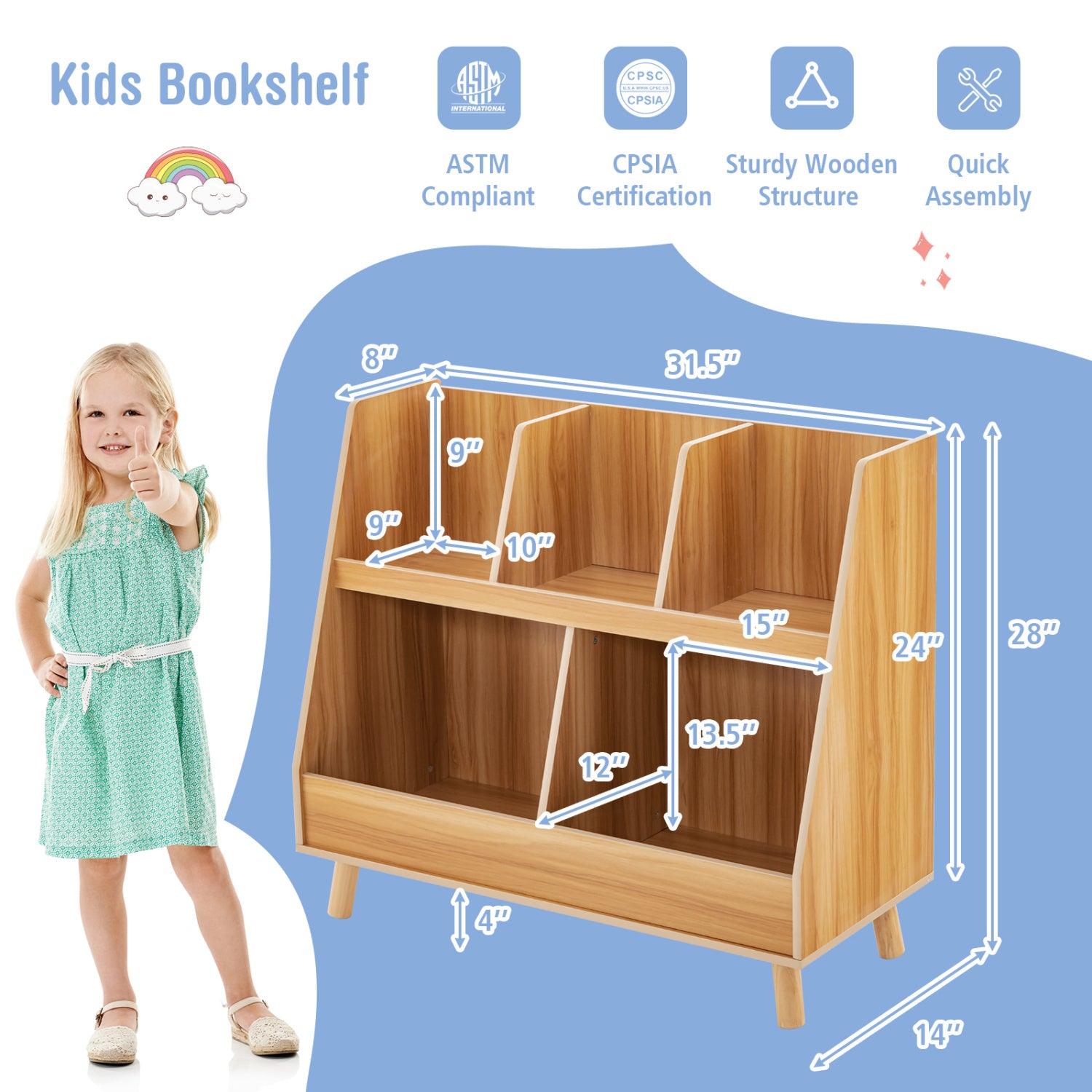5-Cube Kids Bookshelf, Toy Organizer, Natural Bookcases at Gallery Canada