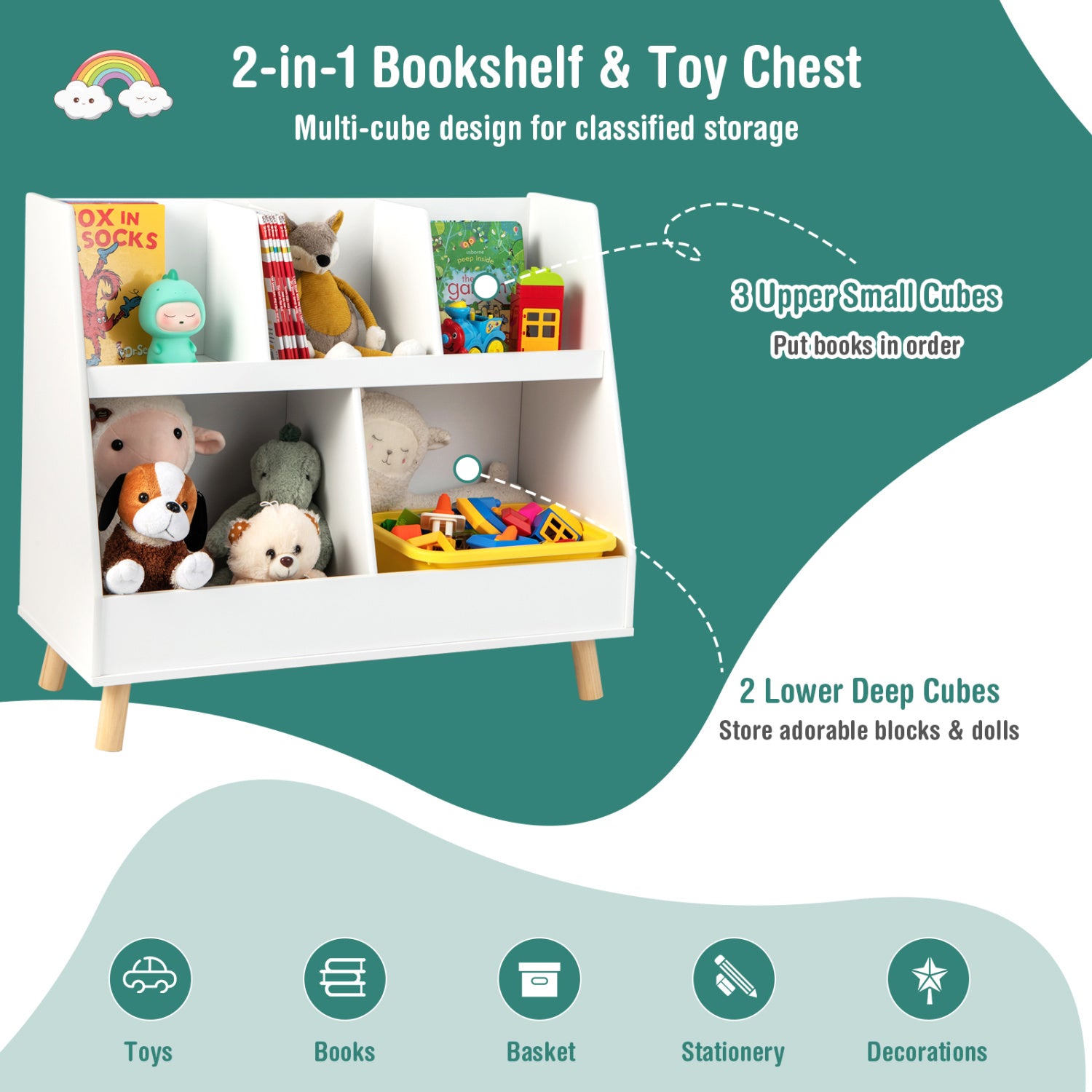 5-Cube Kids Bookshelf, Toy Organizer, Anti-Tipping Kits, White Bookcases at Gallery Canada