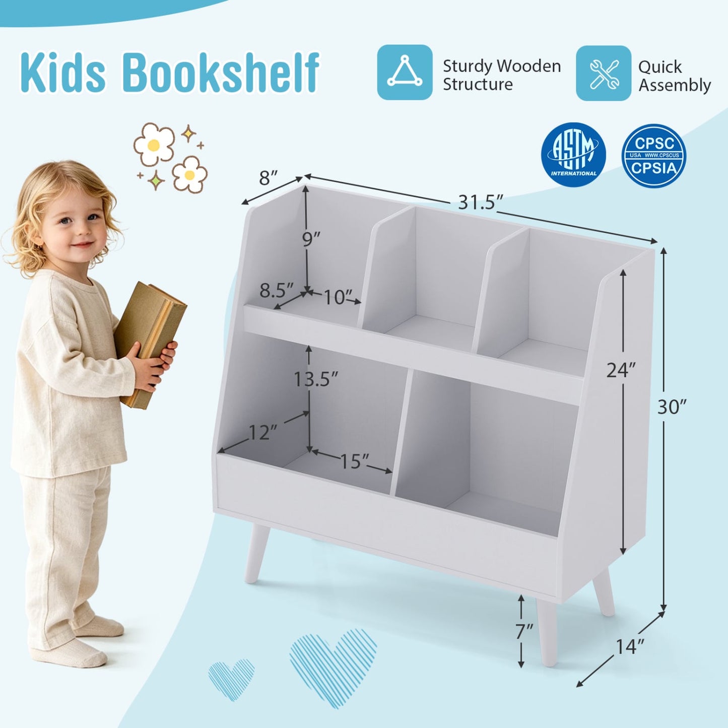 5-Cube Kids Bookshelf & Toy Organizer, Light Gray