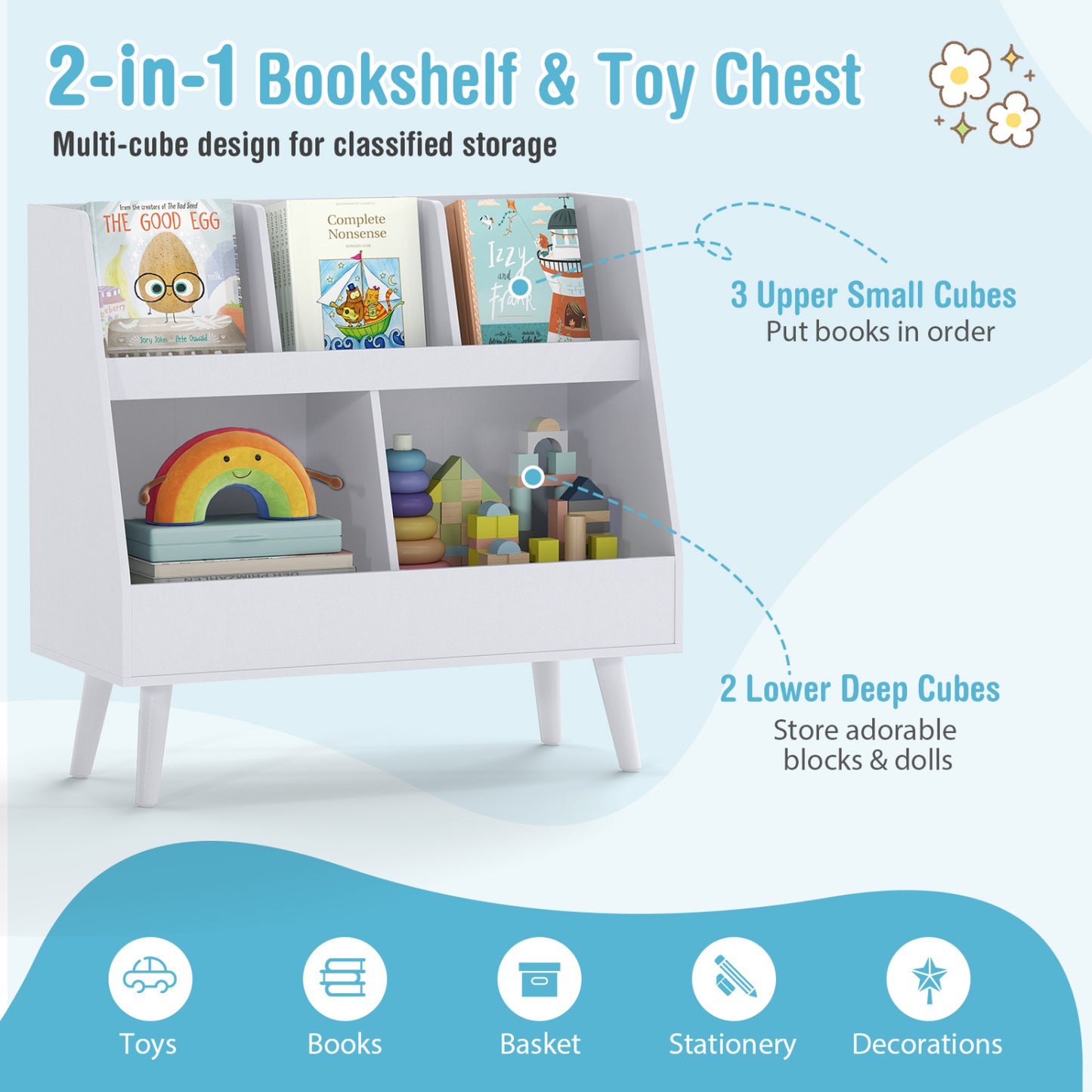 5-Cube Kids Bookshelf & Toy Organizer, Light Gray