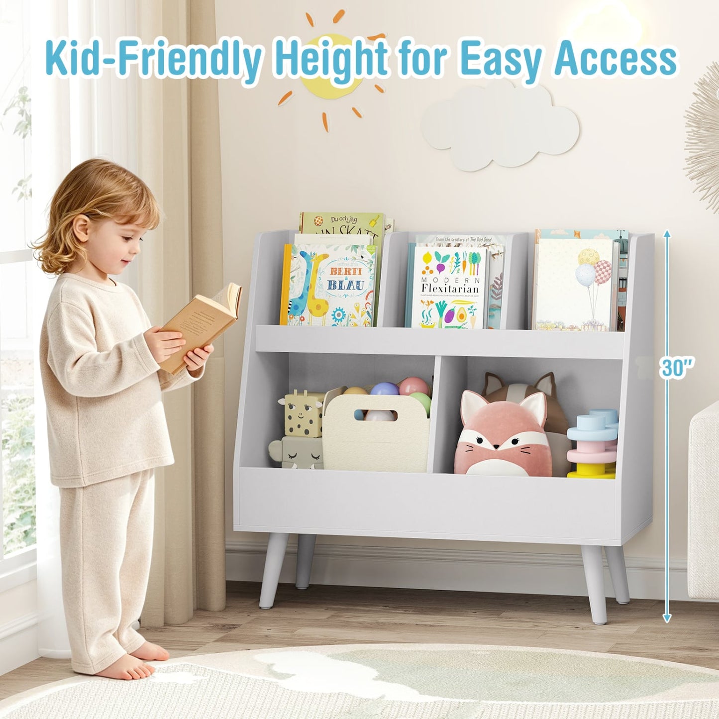 5-Cube Kids Bookshelf & Toy Organizer, Light Gray