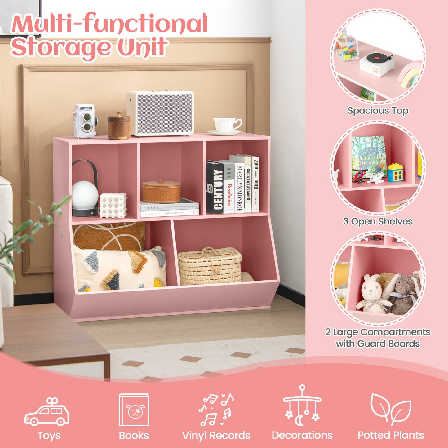 5-Cube Wooden Kids Toy Storage Organizer with Anti-Tipping Kits, Pink Kids Storage at Gallery Canada