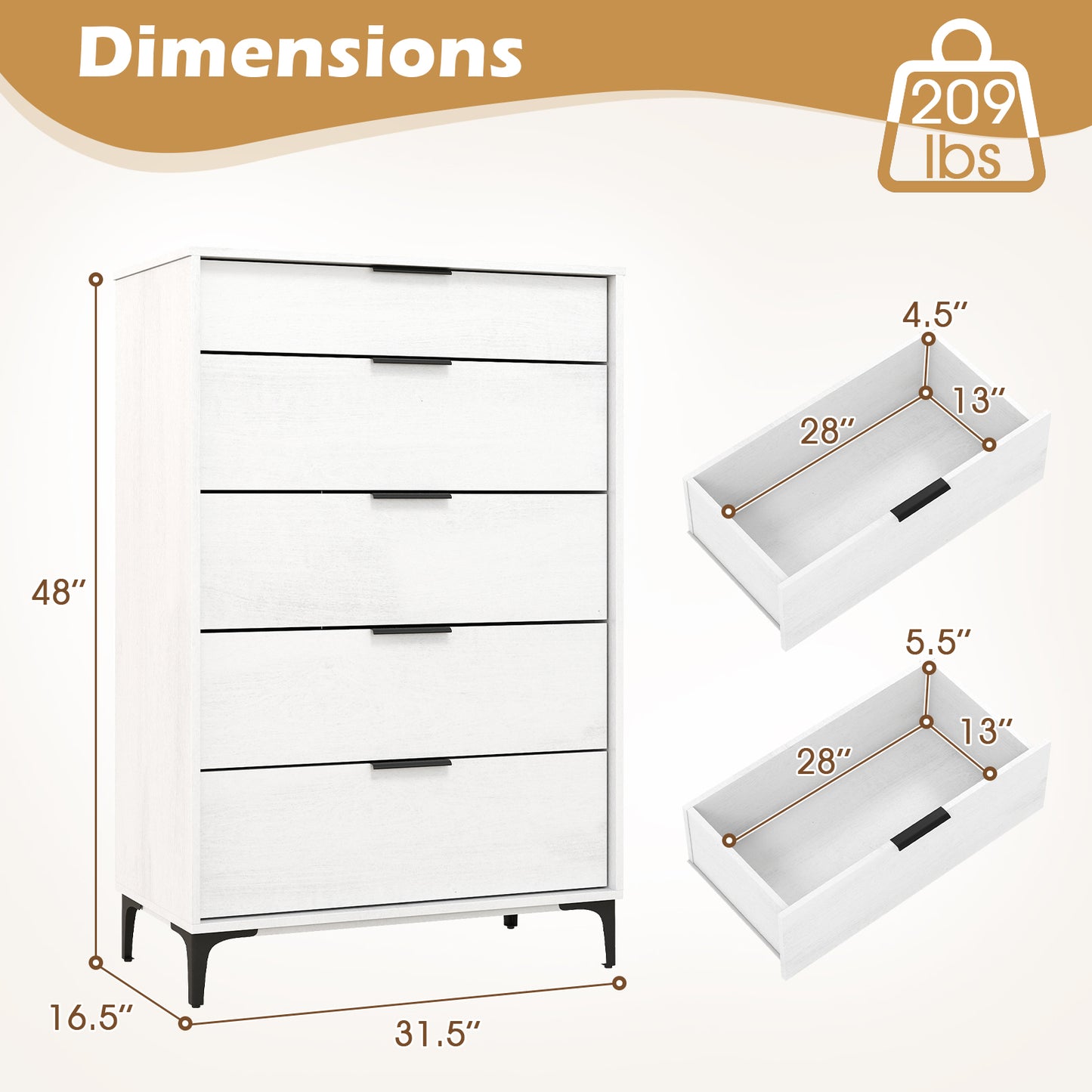 5-Drawer Dresser With Interlock System, White Dressers & Chests at Gallery Canada