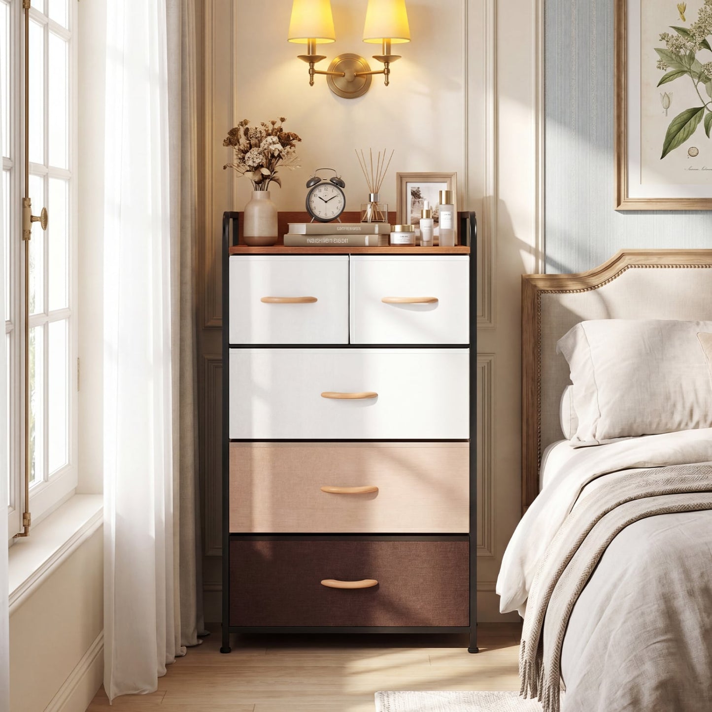 5-Drawer Fabric Dresser with Removable Fabric Bins, Multicolor