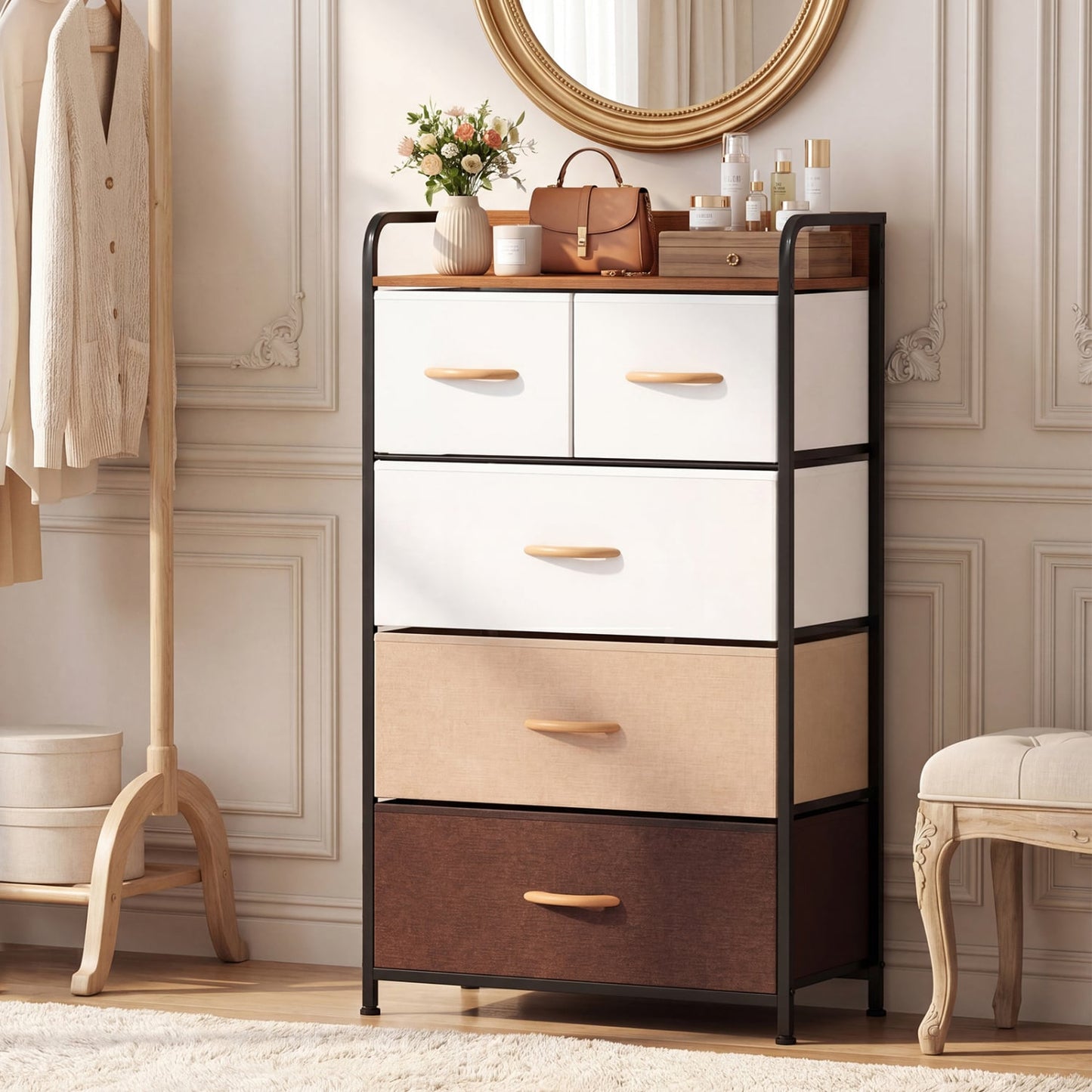 5-Drawer Fabric Dresser with Removable Fabric Bins, Multicolor