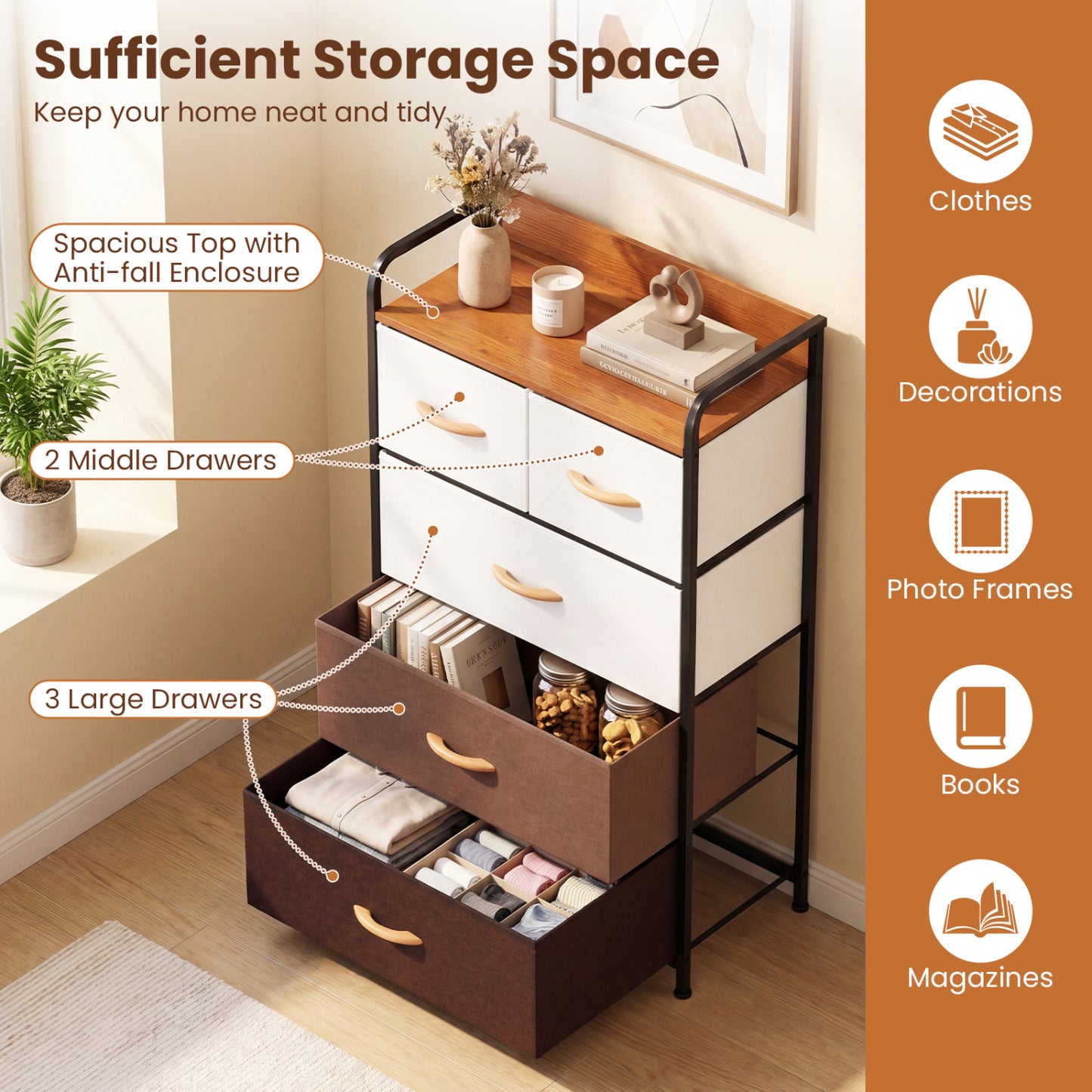 5-Drawer Fabric Dresser with Removable Fabric Bins, Multicolor