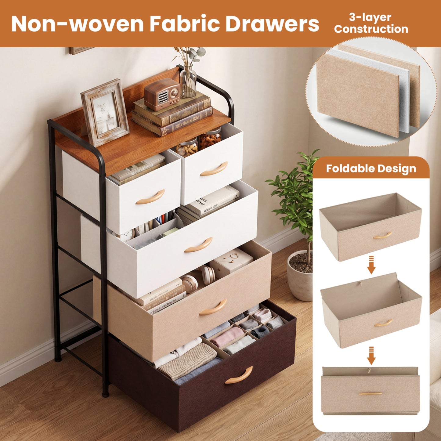 5-Drawer Fabric Dresser with Removable Fabric Bins, Multicolor