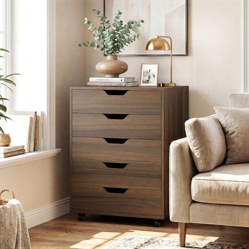 5 Drawer Mobile File Cabinet with Wheels for Living Room, Walnut