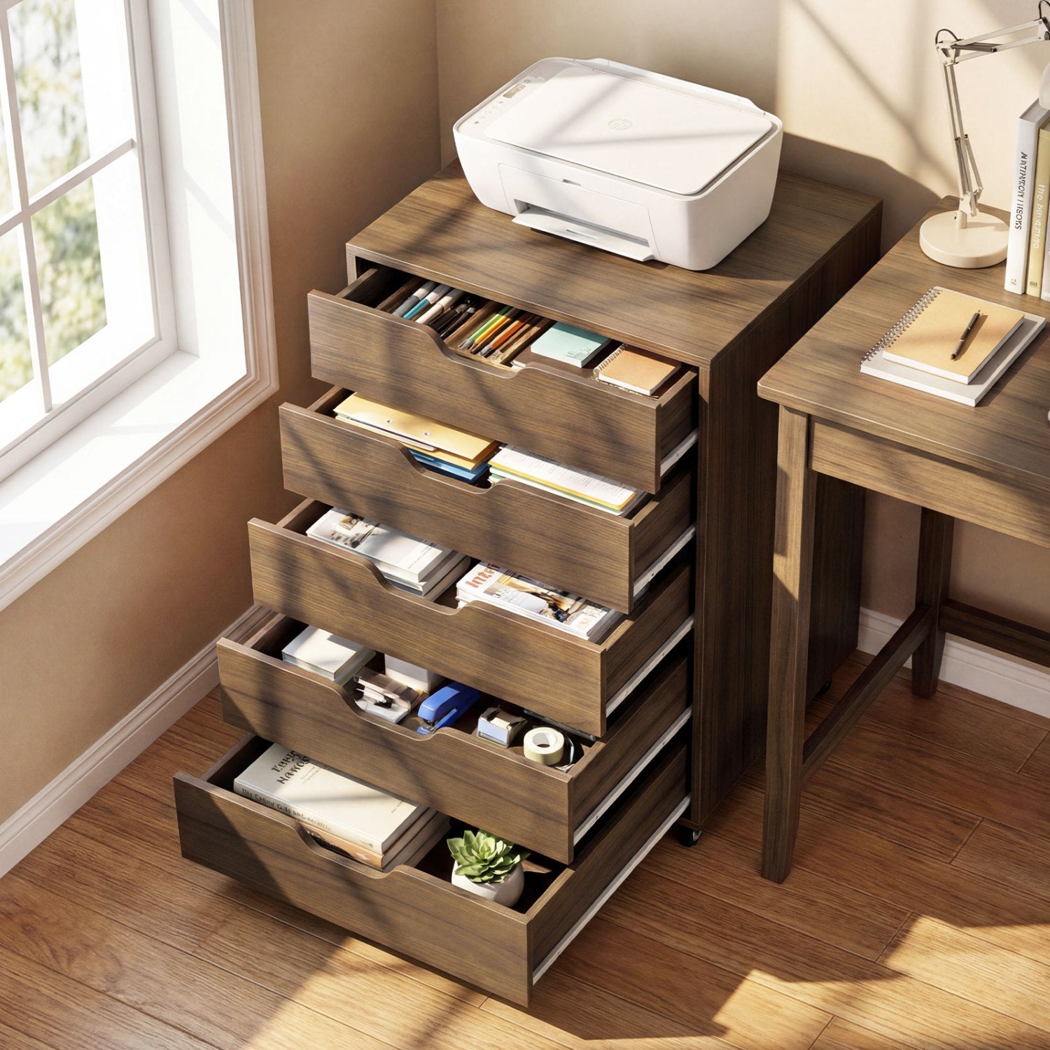 5 Drawer Mobile File Cabinet with Wheels for Living Room, Walnut File Cabinets at Gallery Canada