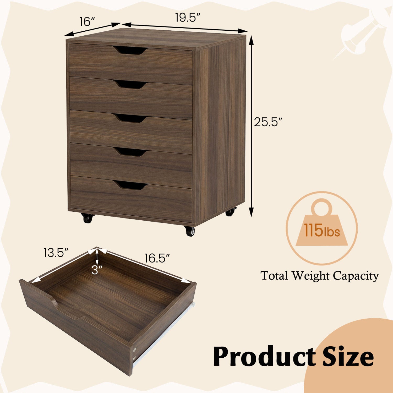 5 Drawer Mobile File Cabinet with Wheels for Living Room, Walnut File Cabinets at Gallery Canada