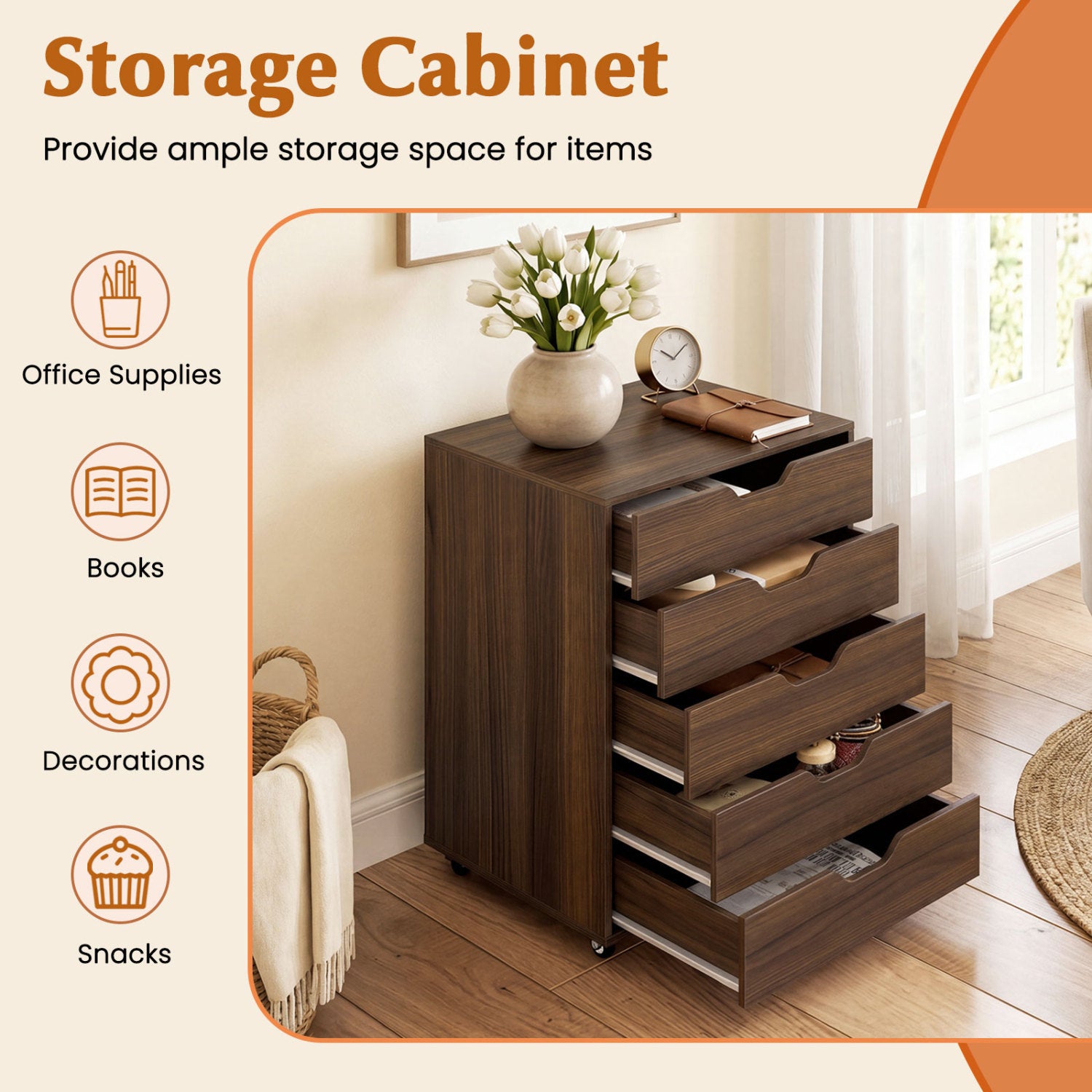 5 Drawer Mobile File Cabinet with Wheels for Living Room, Walnut File Cabinets at Gallery Canada