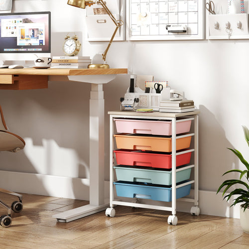 5-Drawer Rolling Cart, Wooden Tabletop, Metal Frame, Macaron
