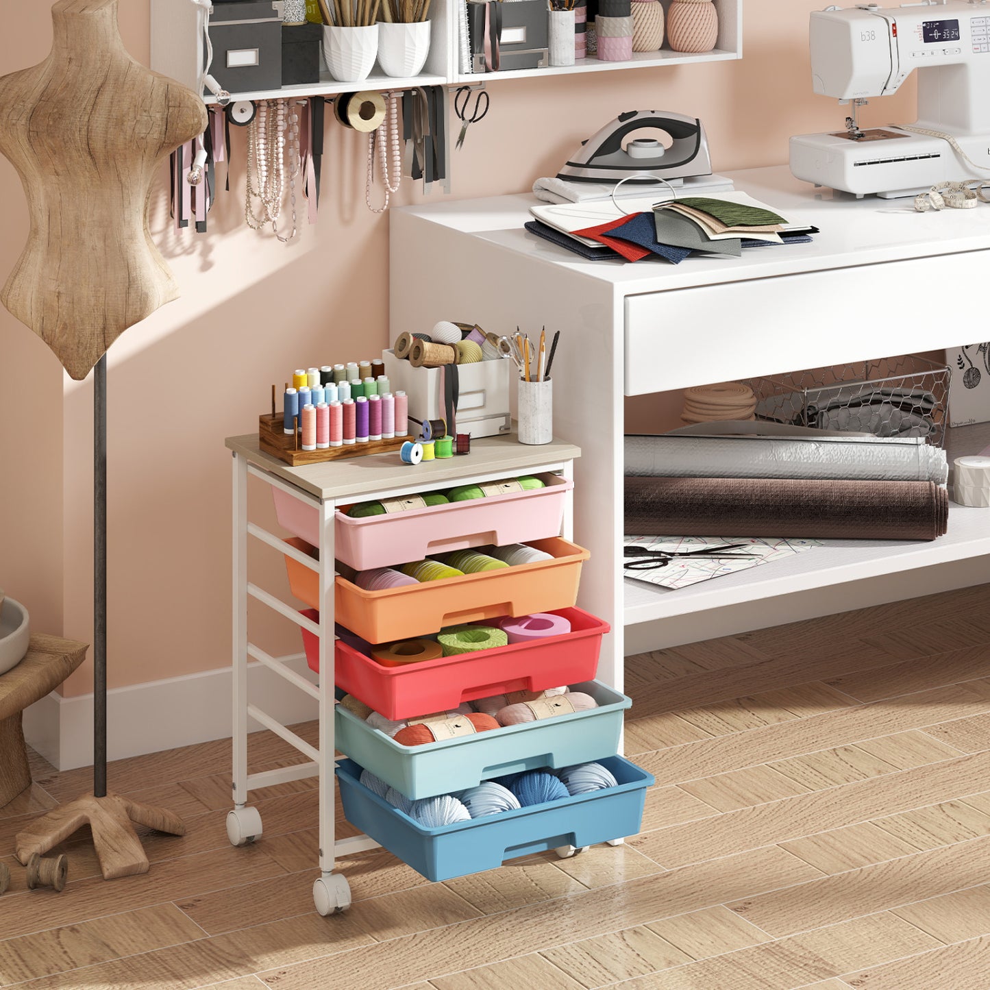 5-Drawer Rolling Cart, Wooden Tabletop, Metal Frame, Macaron