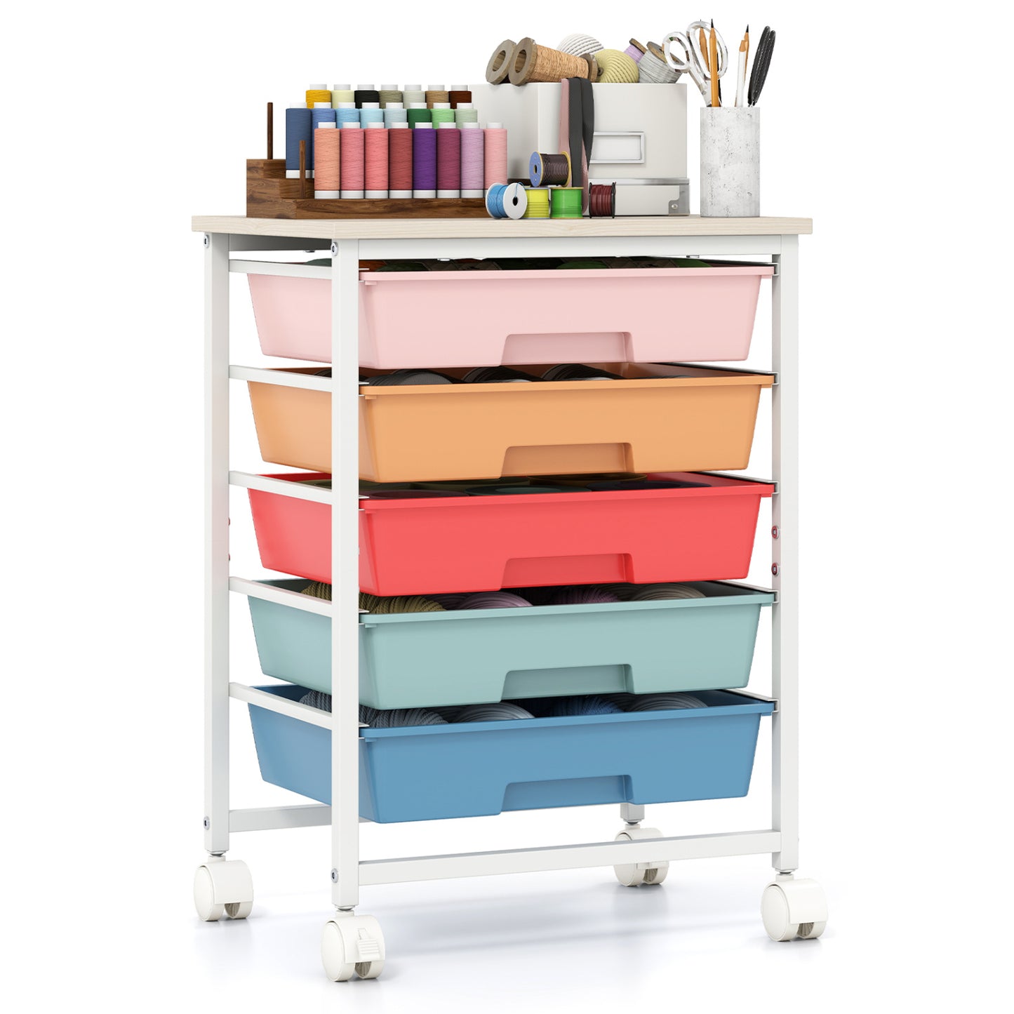 5-Drawer Rolling Cart, Wooden Tabletop, Metal Frame, Macaron