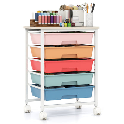 5-Drawer Rolling Cart, Wooden Tabletop, Metal Frame, Macaron