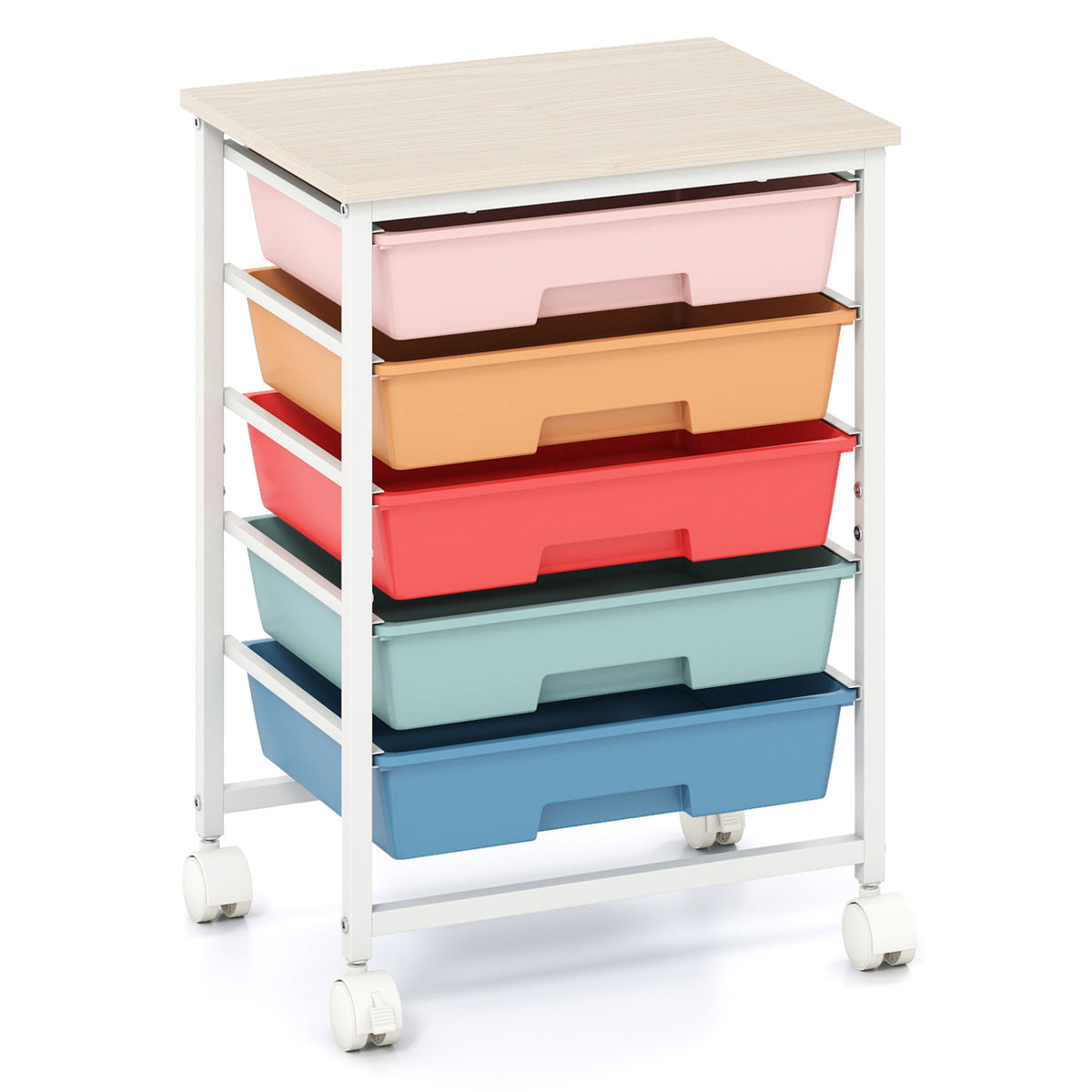 5-Drawer Rolling Cart, Wooden Tabletop, Metal Frame, Macaron