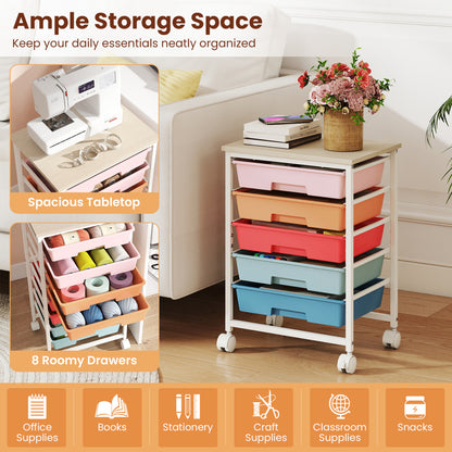 5-Drawer Rolling Cart, Wooden Tabletop, Metal Frame, Macaron