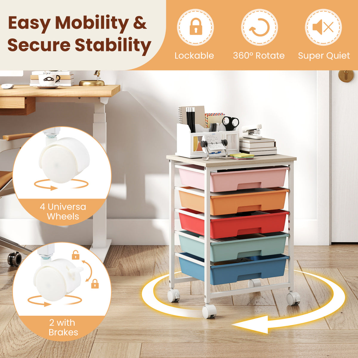 5-Drawer Rolling Cart, Wooden Tabletop, Metal Frame, Macaron