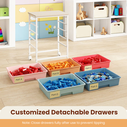 5-Drawer Rolling Cart, Wooden Tabletop, Metal Frame, Macaron
