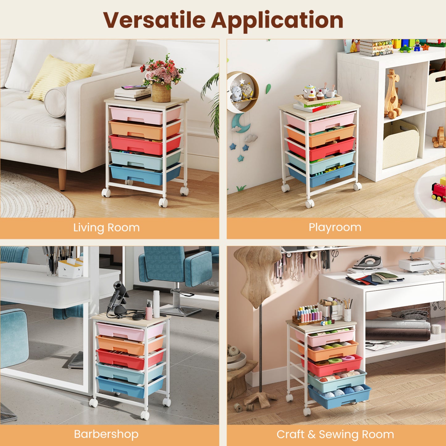 5-Drawer Rolling Cart, Wooden Tabletop, Metal Frame, Macaron