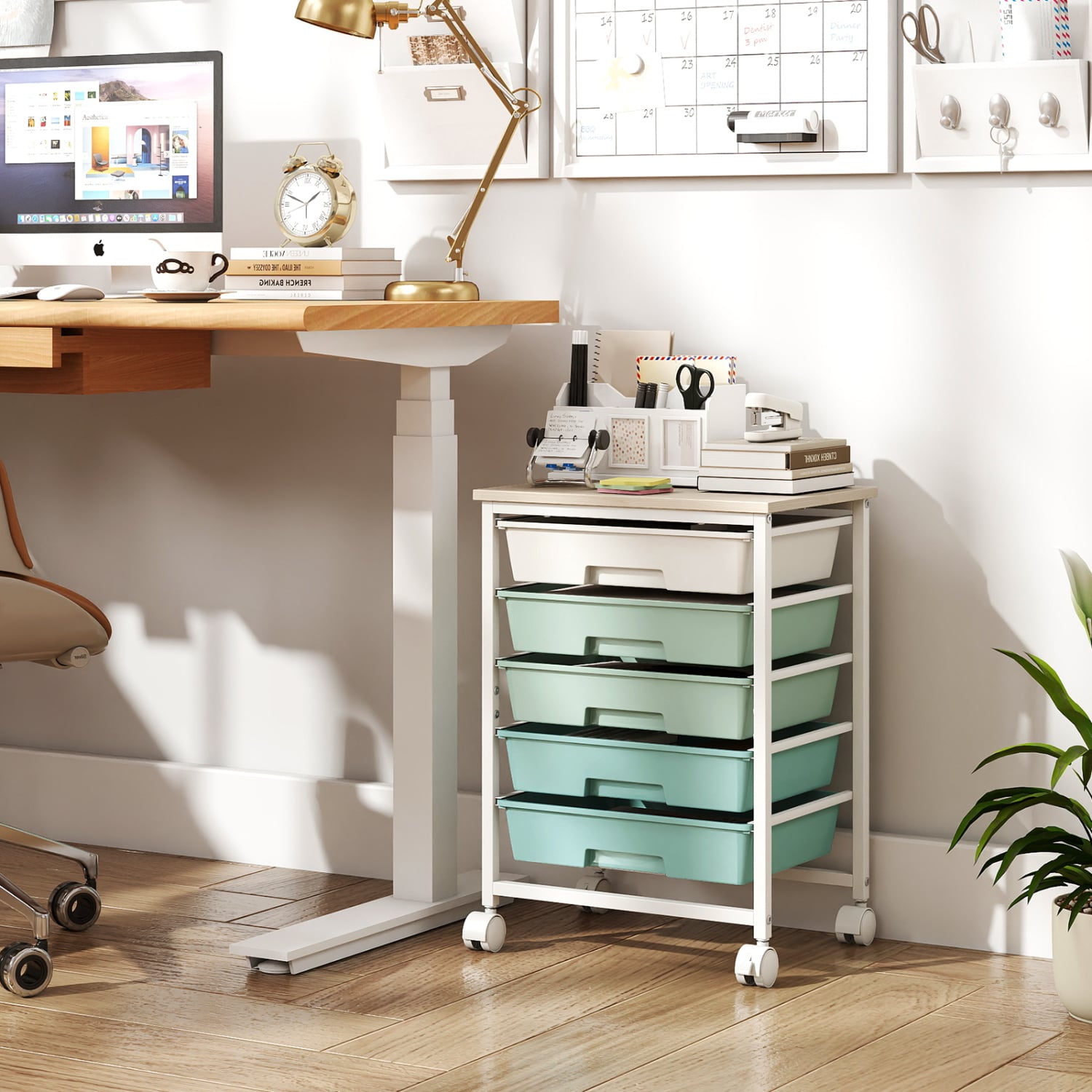 5-Drawer Rolling Cart, Wooden Tabletop, Metal Frame, Green Gradient File Cabinets at Gallery Canada