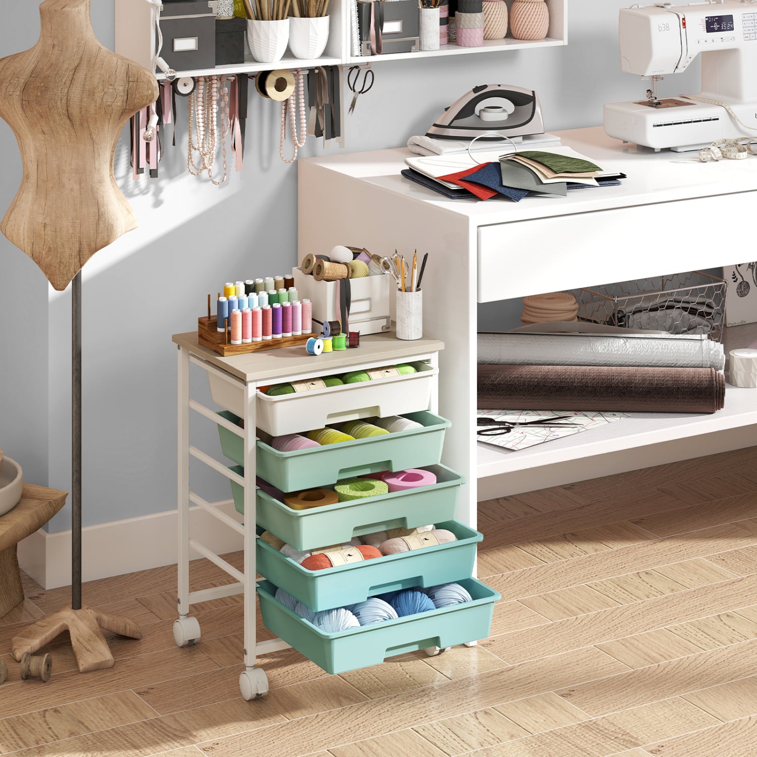 5-Drawer Rolling Cart, Wooden Tabletop, Metal Frame, Green Gradient File Cabinets at Gallery Canada