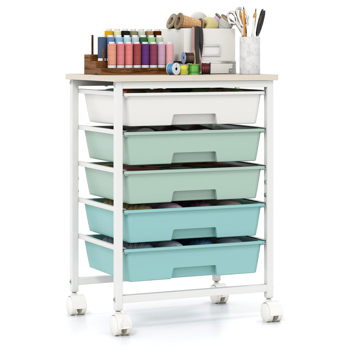 5-Drawer Rolling Cart, Wooden Tabletop, Metal Frame, Green Gradient File Cabinets Green Gradient at Gallery Canada